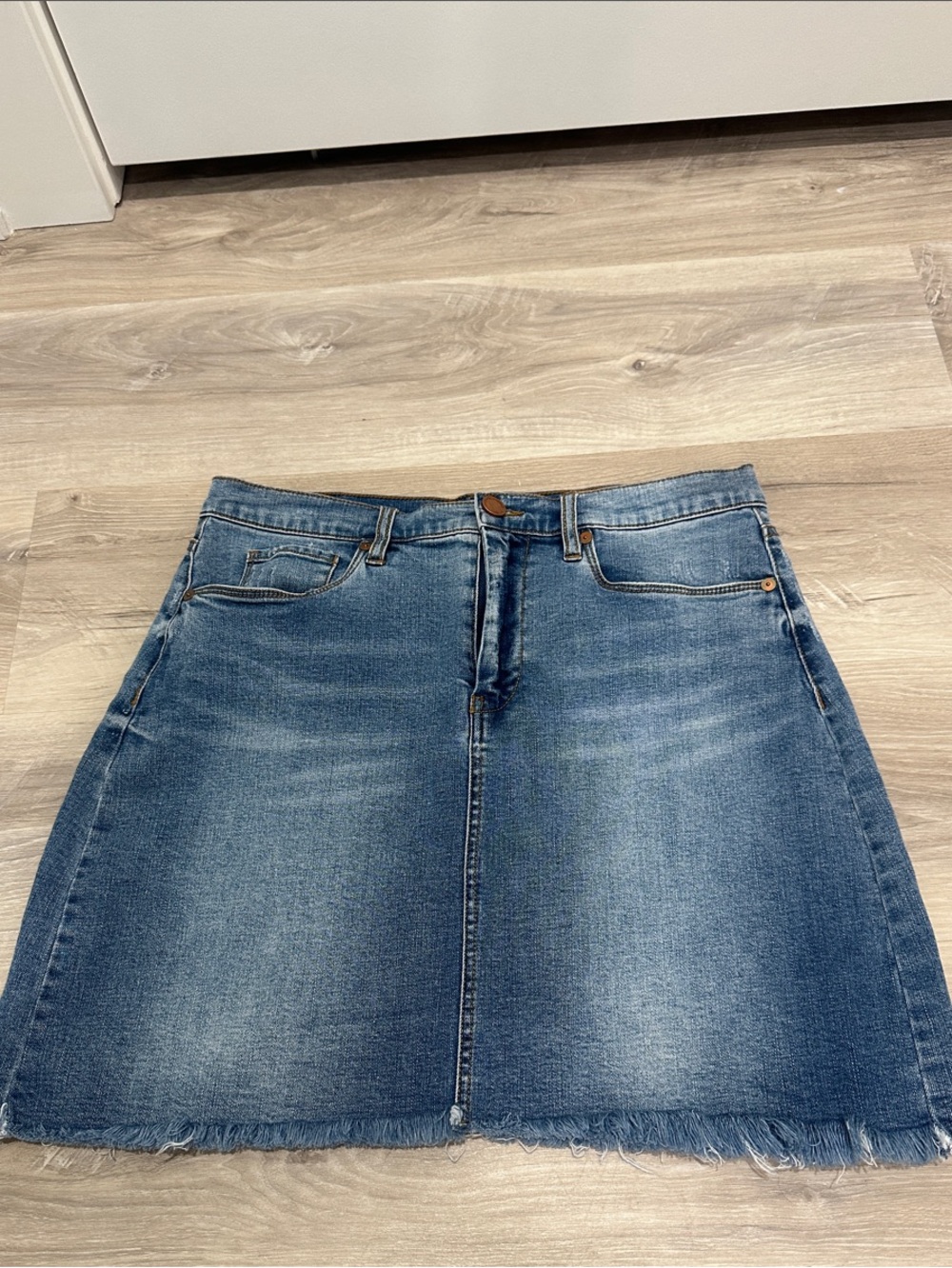 Blank NYC Blue Denim A-Line Frayed Hem Jean Skirt